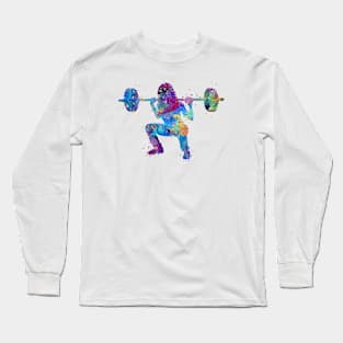 Girl Squat Fitness Watercolor Artwork Long Sleeve T-Shirt